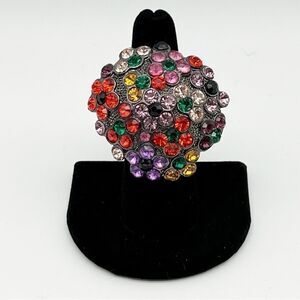 Multicolored Rhinestone Floral Cluster Silver Tone Large Statement Ring Size 6.5